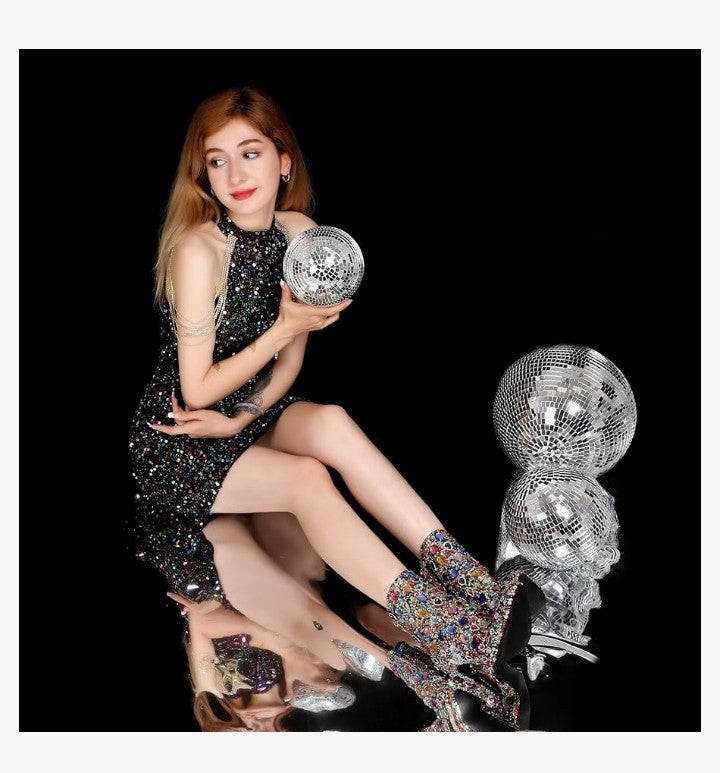 Women's Rhinestone High Heel Boots,Glitter Side Zipper Ankle Boots Sparkly Cowgirl Pointed Toe Stiletto Heel Party