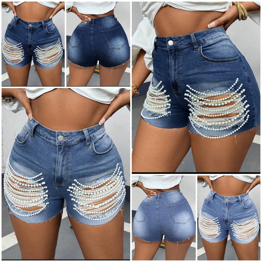 Plus Size Women Blue Distressed Denim Shorts, Tight Stretchy Sexy Fringe COCOMONEY