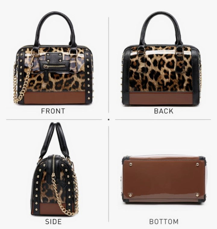 Shiny Patent Faux Leather Handbags Top Handle purse Rivet Decoration Satchel Bags Shoulder Bag