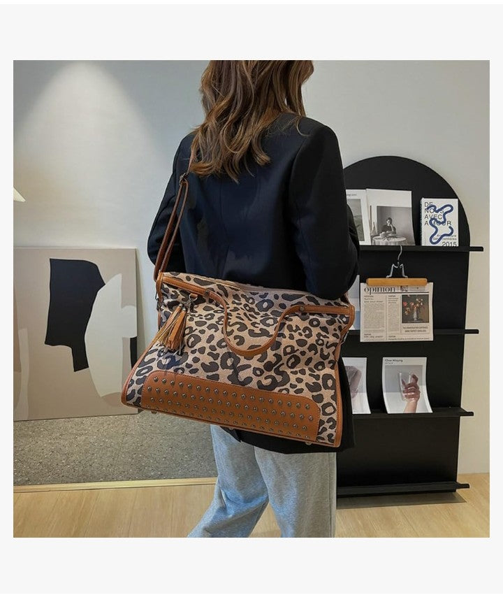 Oversized Leopard Purse,Women Studded Tote Handbags Animal Printing Punk Large Shoulder Bags Hobo Tassel Rocker Rivet