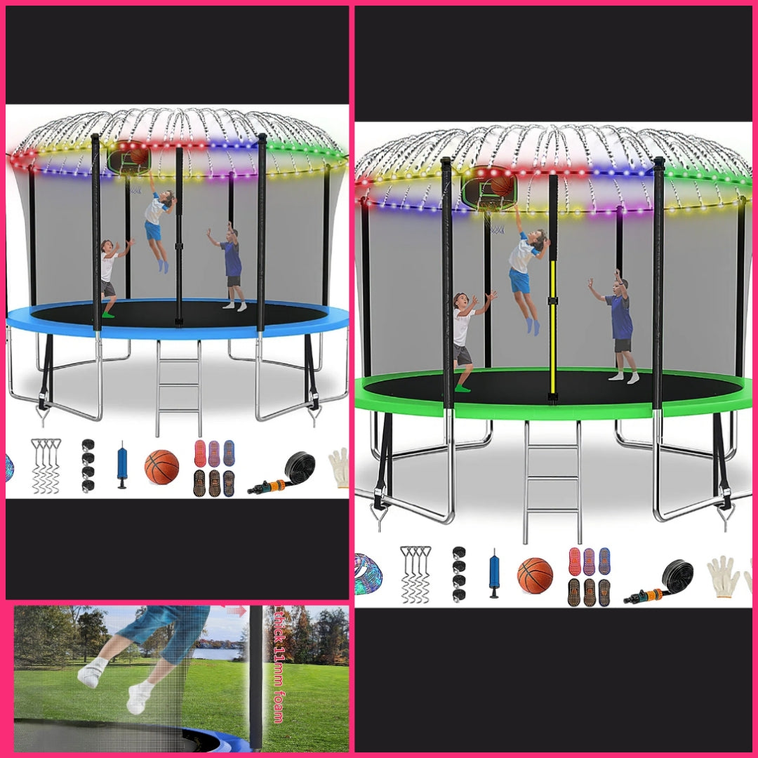 14FT Round Backyard Outdoor Trampoline with Safety Enclosure, Light, Sprinker, with accessories