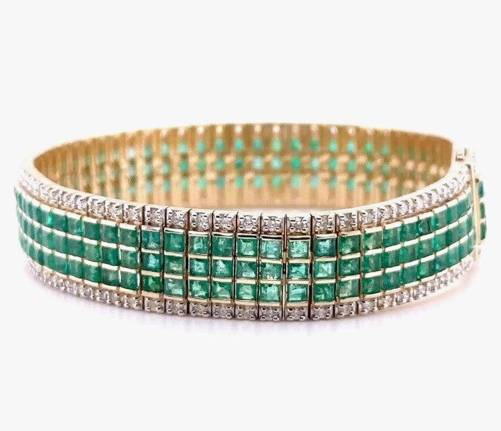 COCOMONEY 14K Gold Emerald and Diamond Tennis Bracelet, Emeralds 13.65 ct, Diamonds 2.64 ct