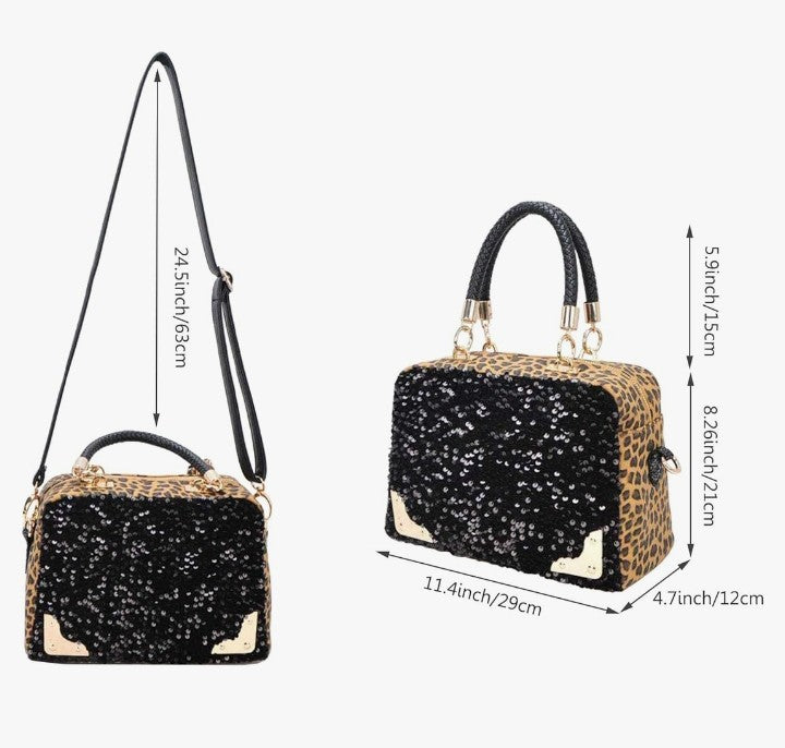 Women's Leopard Print Black Purse Handbag Hobo Style Sequin PU Leather Shoulder Bag
