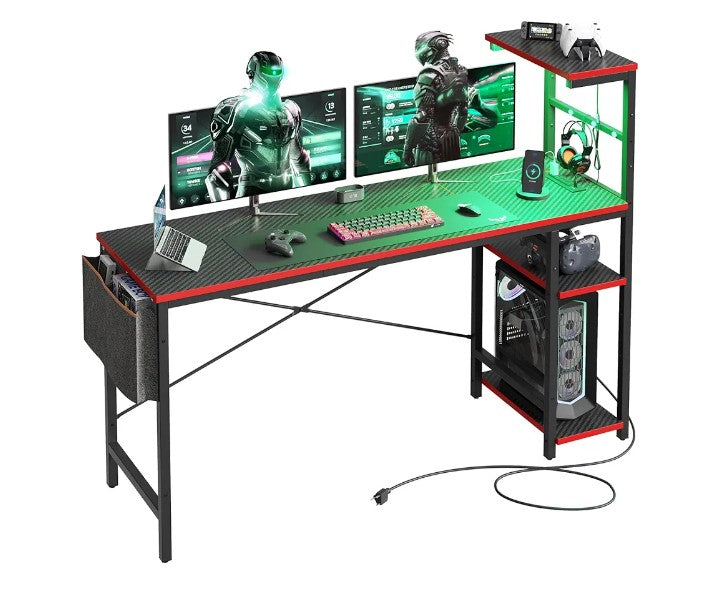 Gaming Desk with Power Outlets, 61 Inch Large Led Gamer Desk with 4 Tiers Reversible Shelves, PC Gaming Table with Headset Hook & Side Storage Bag for Bedroom (Pink 3D Carbon Fiber)