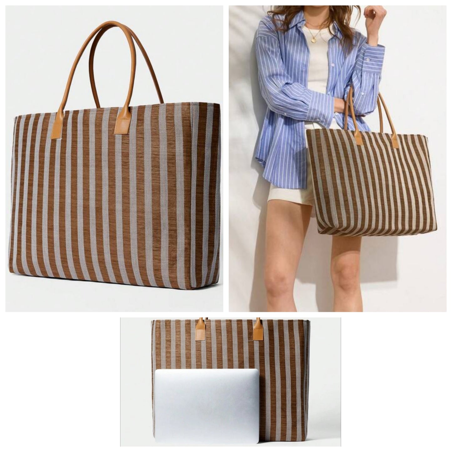 Striped Simple Handbag, Daily Casual Storage Bag Travel Bag Beach Bag COCOMONEY