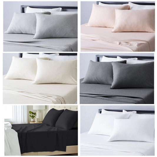 4 Piece Bed Sheet Set, 100% Cotton Jersey, Includes Super Soft, Flat and Fitted Sheets, Pillowcases