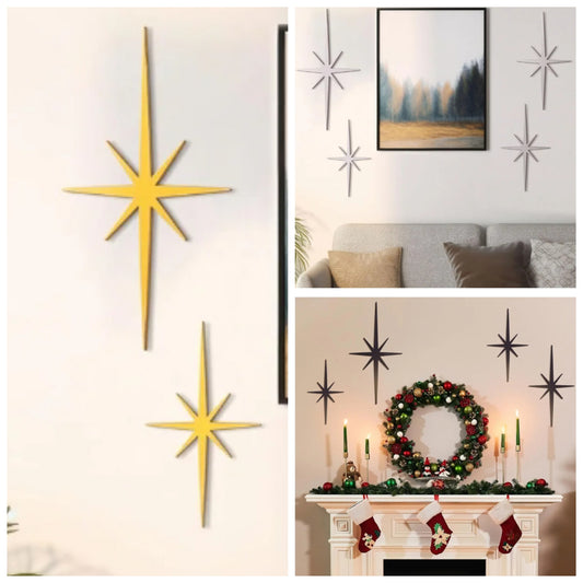 4 Pcs Cast Iron Starburst Wall Decor Pointed Atomic Stars Wall Hangings Mid Century Modern Elegance Wall Accents Easy Install Finish Metal Wall Art for Home Office Room