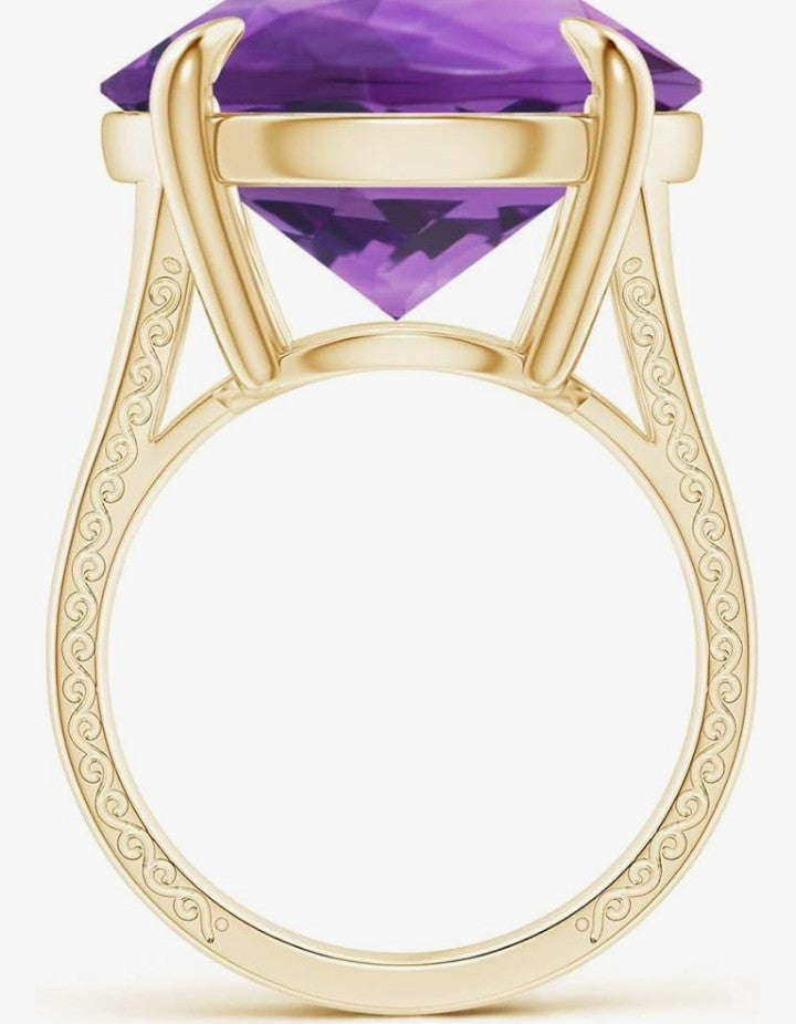 COCOMONEY Claw-Set GIA Certified Solitaire Round 2.36 ct Amethyst Split Shank Ring with Scrollwork in 14K Solid Gold/Platinum for Women Jewelry for Women