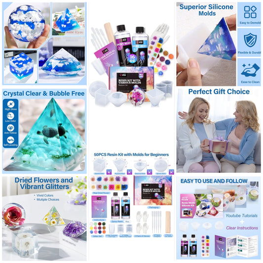 RESIN Epoxy Resin Kits and Molds Complete Set, 16oz Resin Art Kit with Silicone Molds, Pigment, Dried Flowers, Crafts for Adults, Beginners, Art Supplies for DIY Lovers, DIY Gift for Women