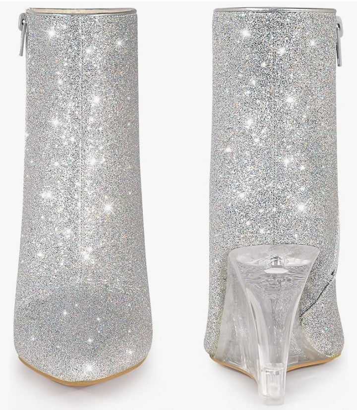 Clear Heels Boots Sequin Pointed Toe Glitter Wedge Heels Ankle Boots for Women