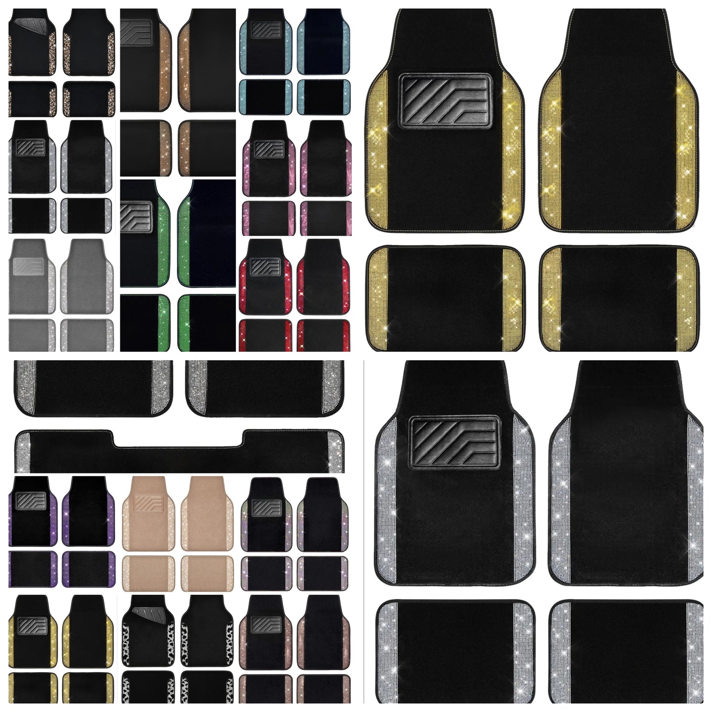 Bling Rhinestones Diamond Car Floor Mat, Crystal Sparkly Shining Glitter Carpet, Waterproof Anti-Slip PVC Heel Pad Universal Fit Interior Set SUV,Sedan,Van,4pcs Girl Women Men