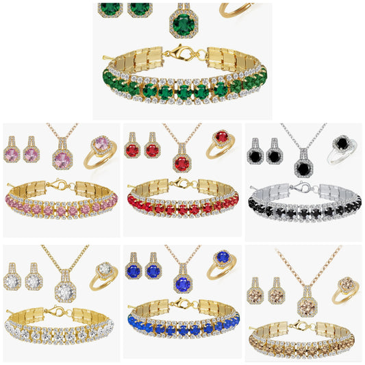 4pcs Gold plated Cubic Zirconia Wedding Jewelry Sets for Bride Bridesmaid Cubic Zirconia Pendant Necklace Earrings Link Tennis Bracelet Open Ring Set for Women Birthday/Valentine's Day/Mother's Day/Christmas