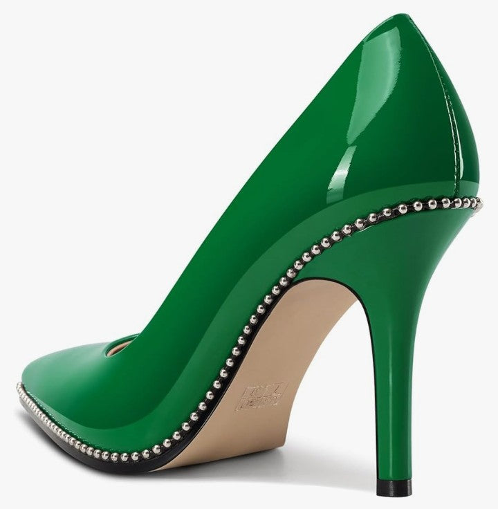 Womens Stiletto Mid Heel Pointed Toe Pumps Slip-on Sliver Beaded Prom Wedding Dress Basic Classic Patent Leather 3.5 Inches Heels