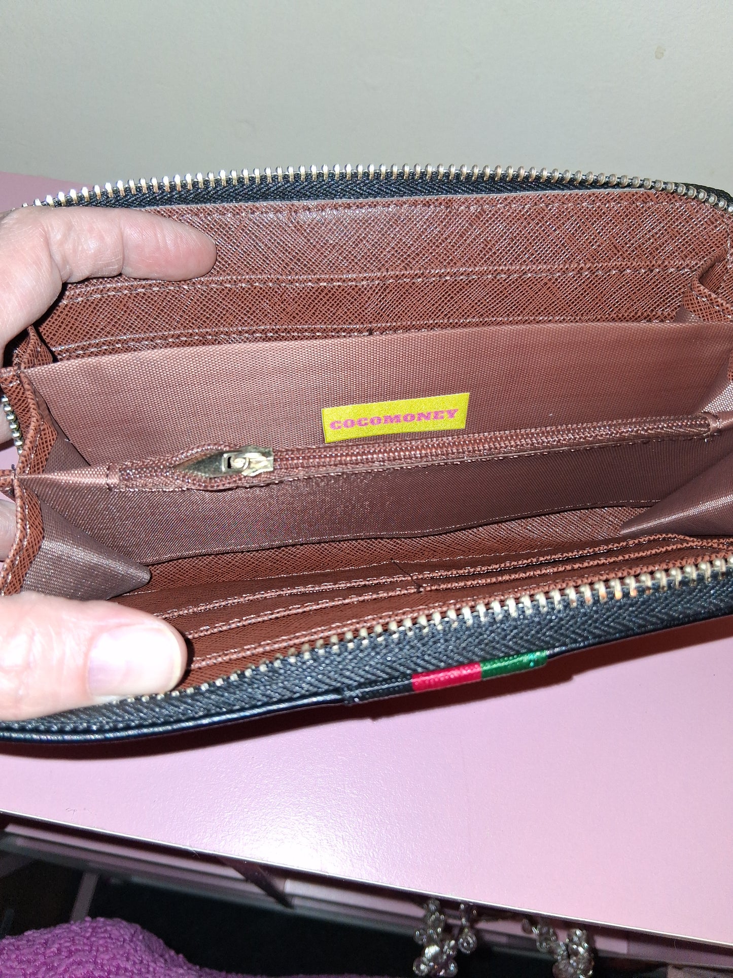 COCOMONEY HANDBAG BLACK WITH WALLET AND STRAP 10IN BY 8IN BY 5IN ONLY 2 of these pu