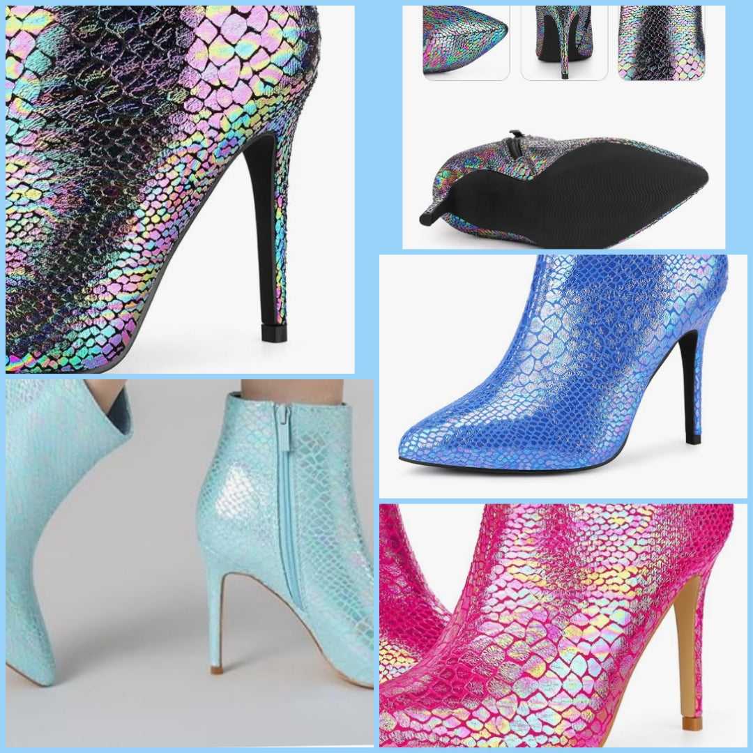 Snakeskin Printed Metallic Boots Pointed Toe Stiletto Heel Ankle Boots for Women