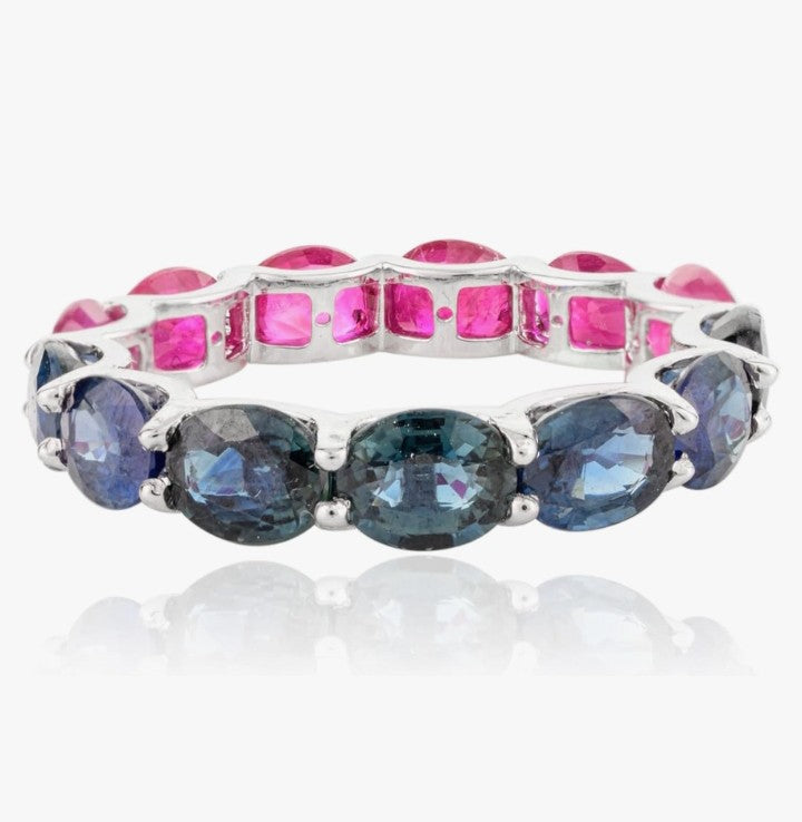 COCOMONEY Ruby & Emerald Eternity Ring- 14K Solid White Gold Stackable Ring- Elegant