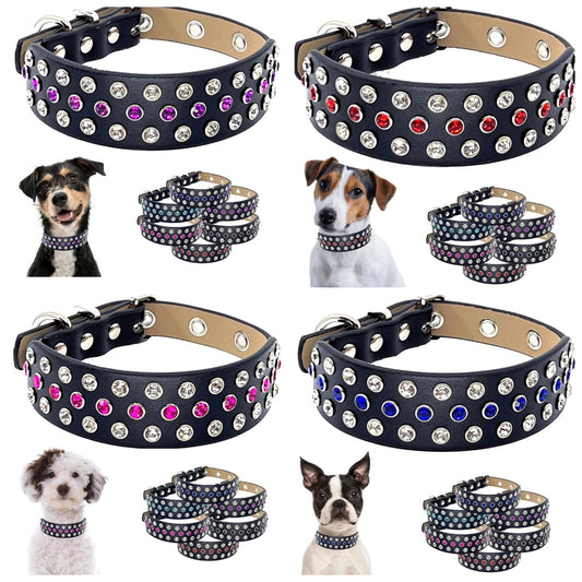 Rhinestone Pet Collar with Fancy Aqua Bling Stones Studded in Wide Black Microfiber Leather, Designer Details Adjustable for Boy and Girl Pets