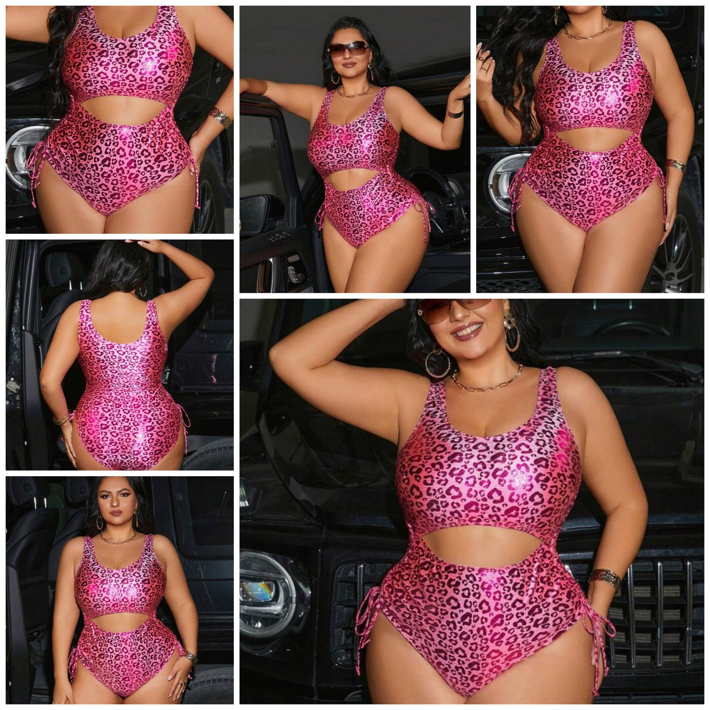 1pc Plus Size Leopard Print Sleeveless Hollow Out Drawstring One-Piece Swimsuit COCOMONEY