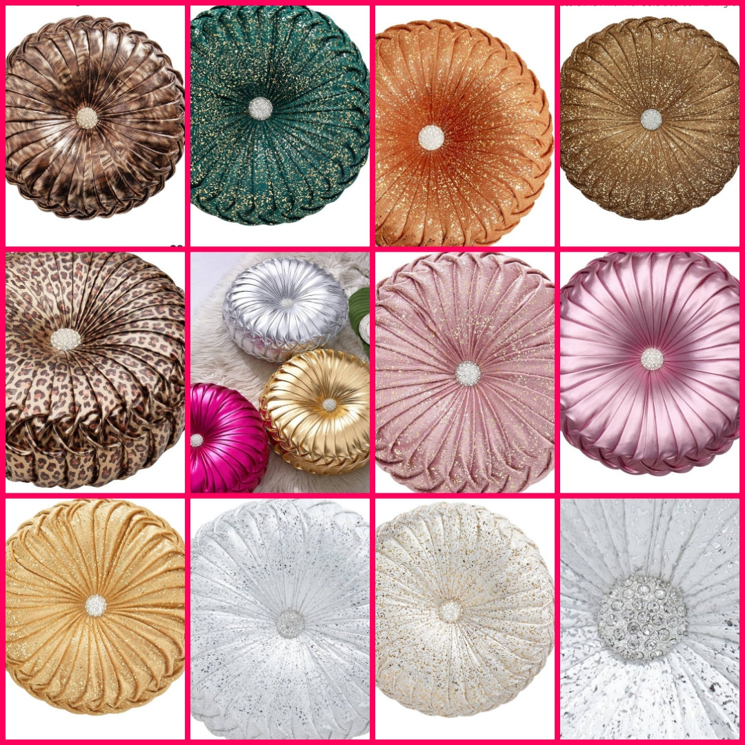 Round Throw Pillows,Pumpkin Pleated Handmade Metallic Throw Pillows,Hot Pink Throw Pillow,Modern Leather Decorative Pillowcases for Home Decor Bedroom Living Room Couch Bed Sofa 15×15 inches