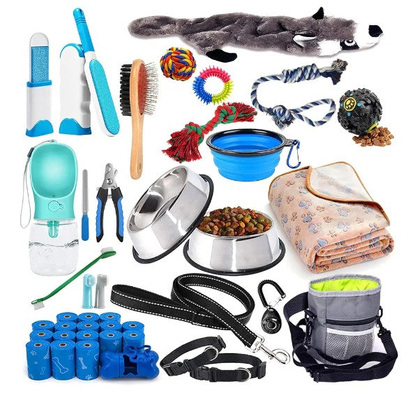 39-Piece Set of Puppy Essentials and Dog Stuff.Includes Dog Leash, Toys, Bowl, Brushes,and More.Perfect Welcome Home Present for Your New Puppies