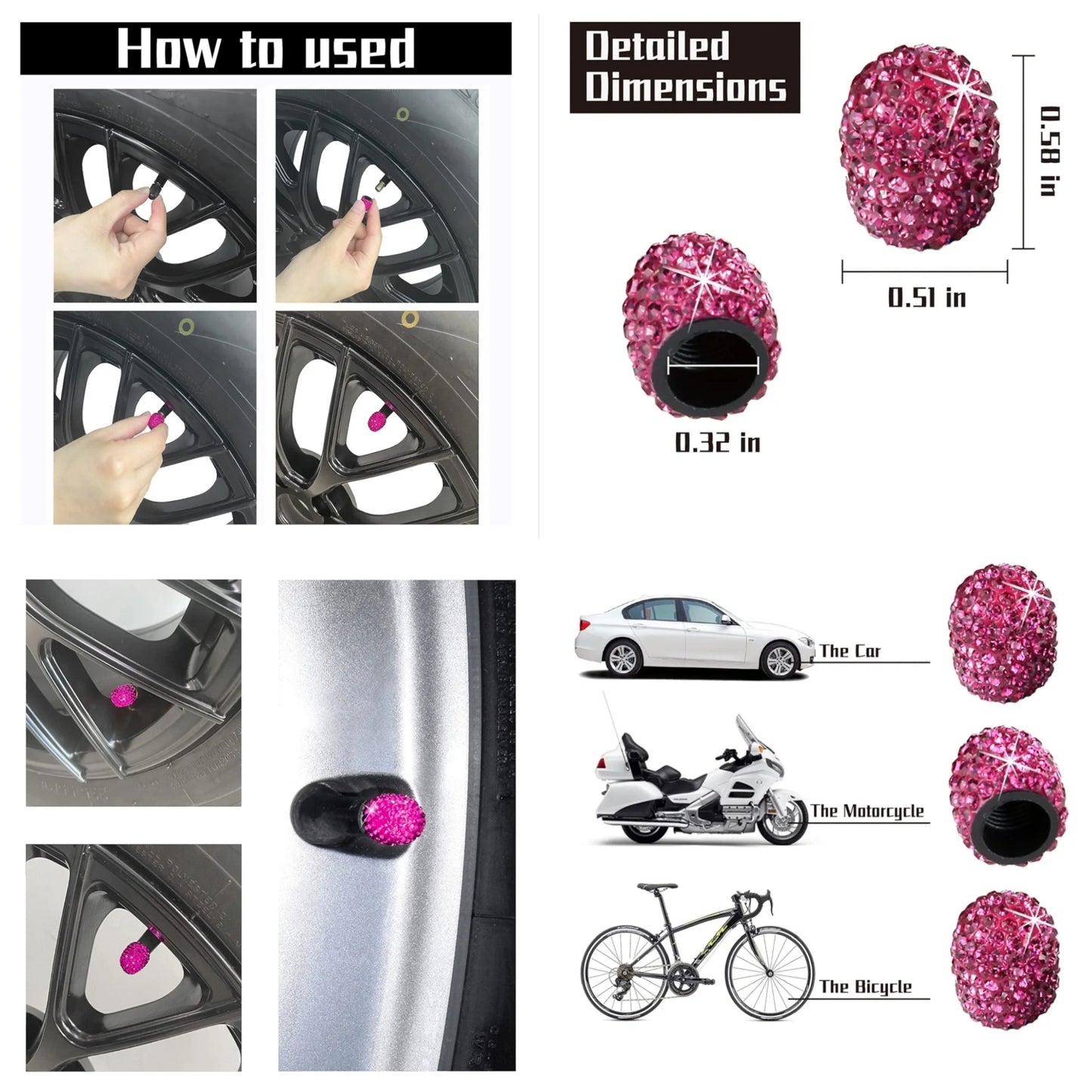 4 Pack Handmade Crystal Rhinestone Tire Valve Stem Caps, Universal for Cars, Trucks and Motorcycles -