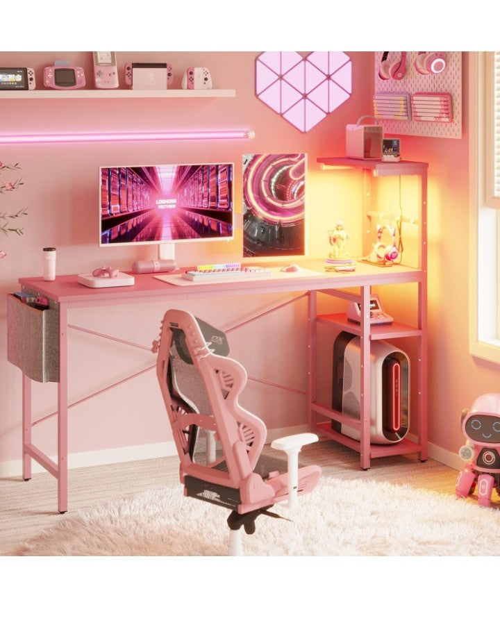 Gaming Desk with Power Outlets, 61 Inch Large Led Gamer Desk with 4 Tiers Reversible Shelves, PC Gaming Table with Headset Hook & Side Storage Bag for Bedroom (Pink 3D Carbon Fiber)