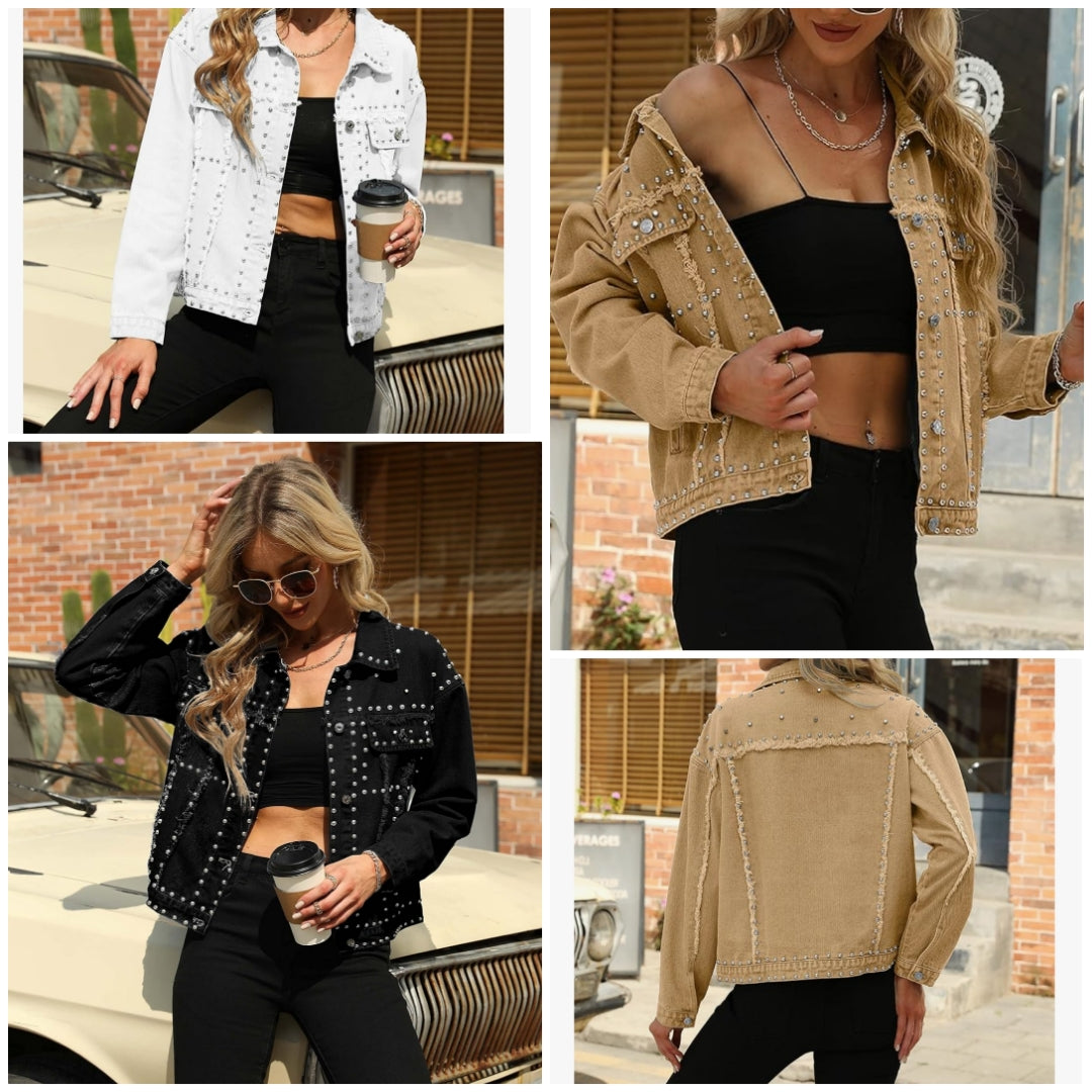 Rivet Studded White Cropped Jean Jacket Women Western Distressed Washed Denim Coat