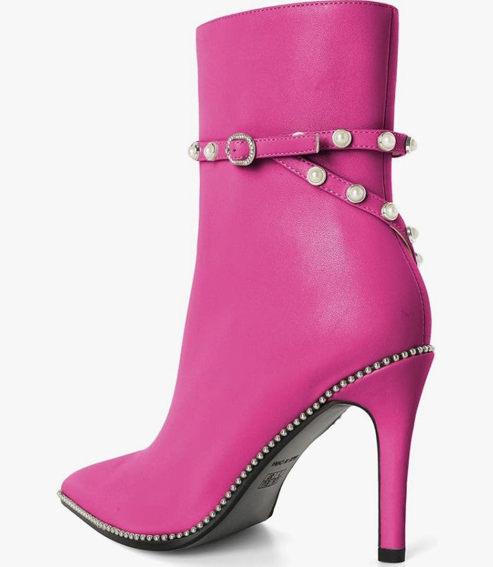 Women Ankle Boots Short Bootie Close Pointed Toe Stiletto High Heel Booties Fashion Beaded Pearl Buckle Dress Shoes 4 Inch