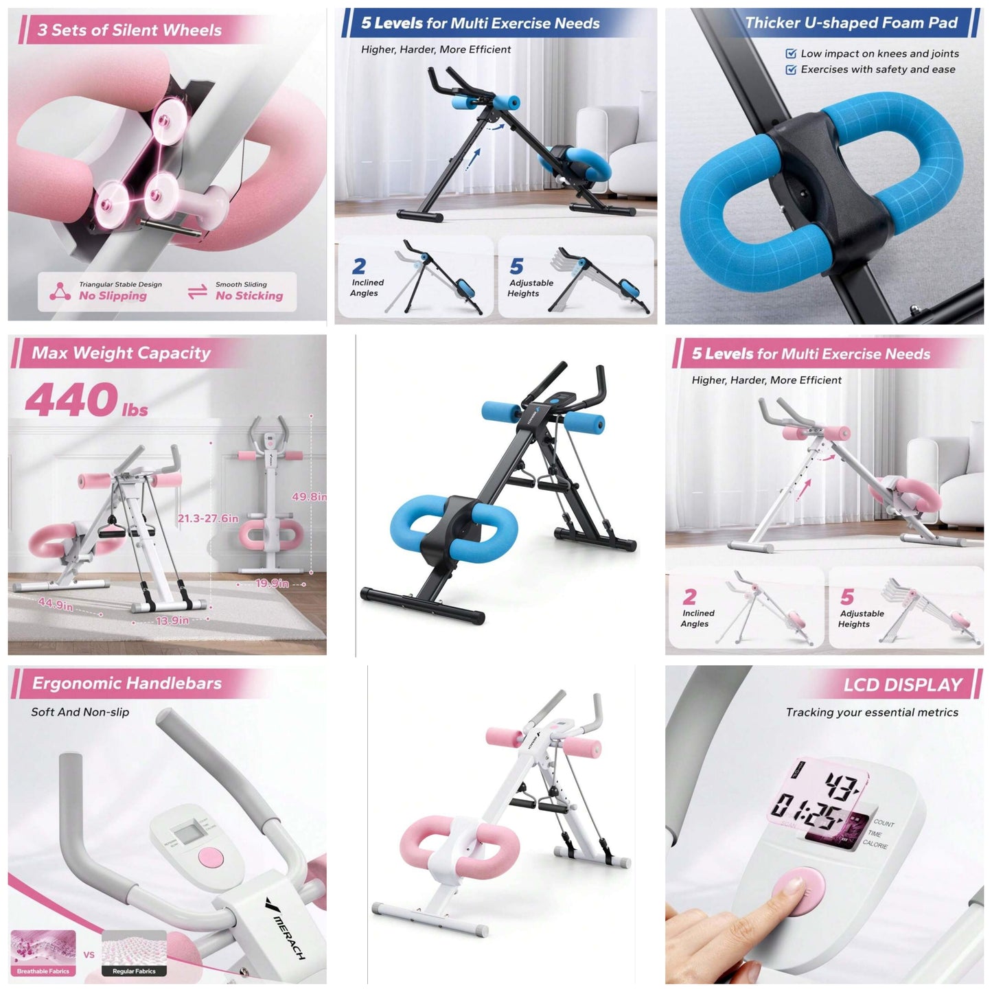 Ab Machine, Adjustable Ab Trainer For Core Workout At Home, Foldable, Knee Support, Abdominal Exercise Machine For Home, Core Training System