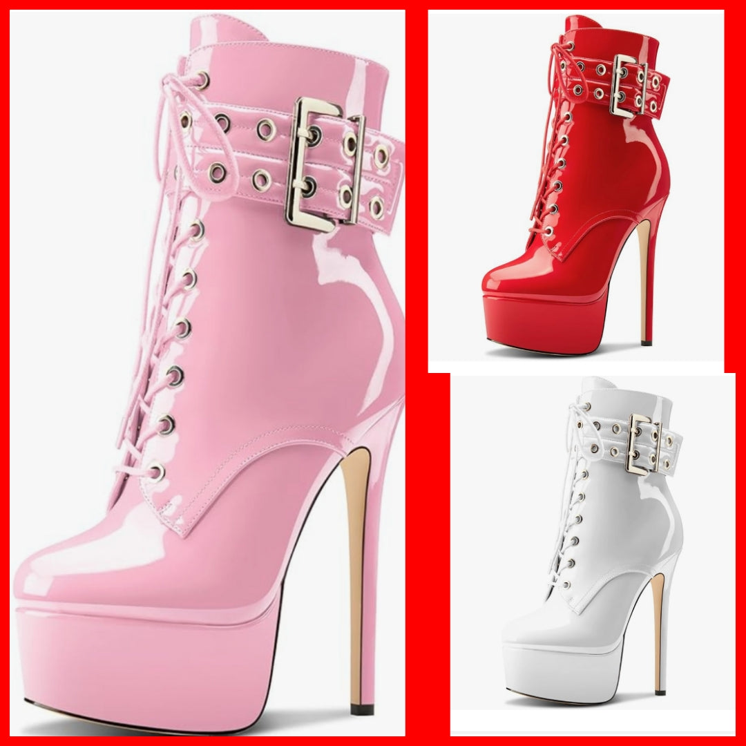 Womens Stiletto High Heel Platform Ankle Boots Round Toe Lace-up Zipper Mid Calf Buckle Patent Leather Dress Booties