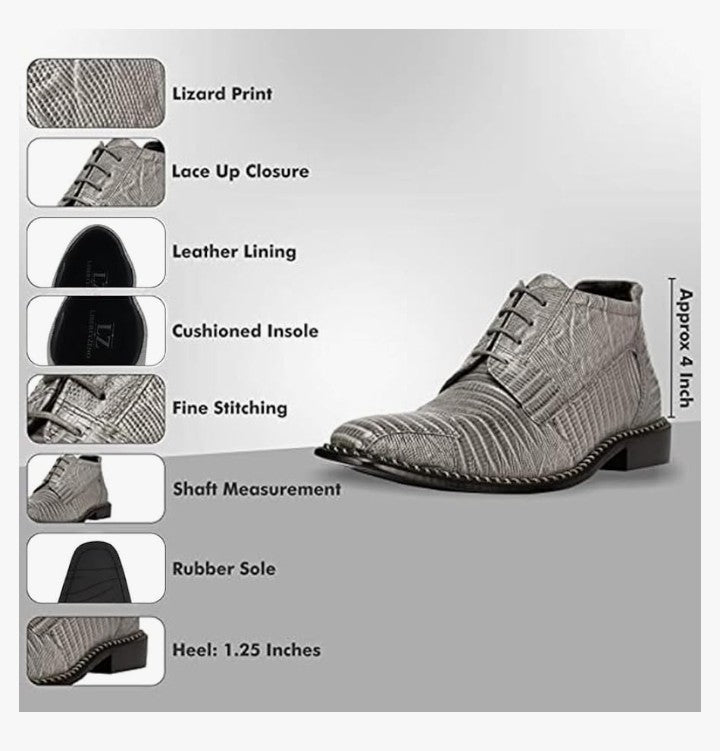 Mens Ankle High Top Lizard Print Lace Up Genuine Leather Dress Shoes