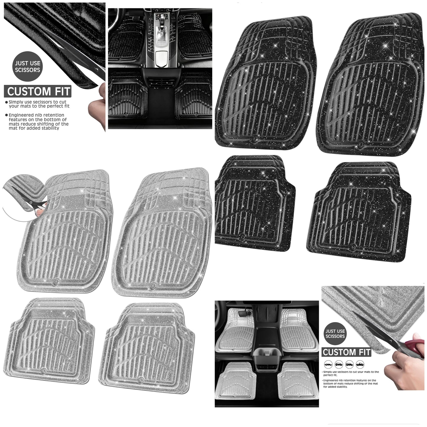 Shining Glitter Car Floor Mats 3D Leather Waterproof All Weather, Universal Trim to Fit & Anti-Slip, Safety & Light Easy Clean Install Fit for SUV,Truck,Auto,Sedan,Van Women 4 Piece (