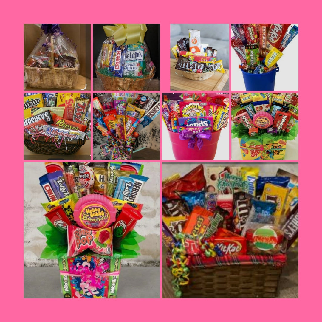 CUSTOM Candy Gift baskets, Gift bags, Gift boxes, Gift buckets, Gift vases, and more