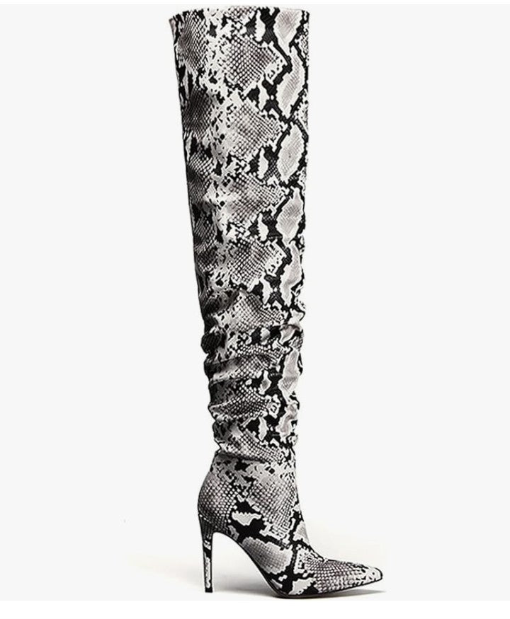 Snakeskin Boots Knee High Boots Women Sexy Stunning and Stylish Exquisite Pointed Toe Fine High Heels Pleated