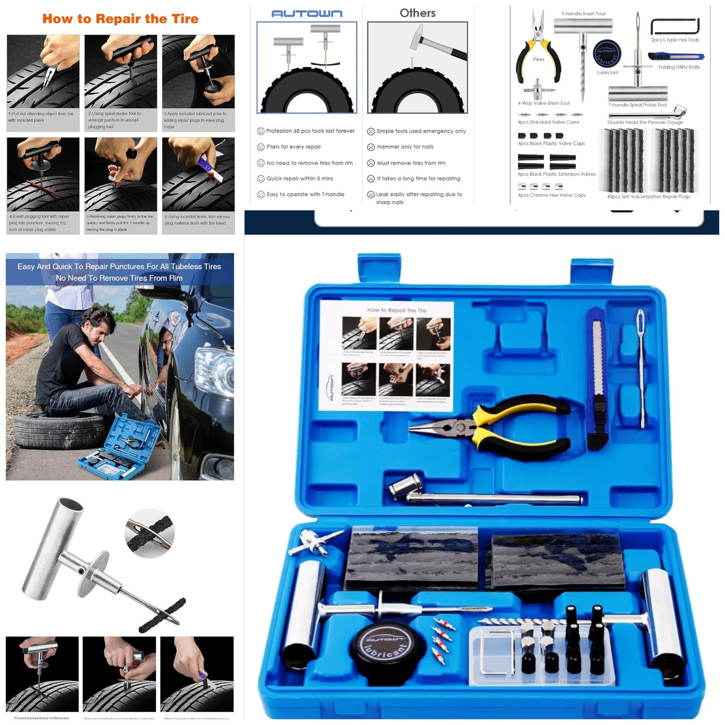 Tire Repair Kit - 68pcs Heavy Duty Tire Plug Kit, Universal Tire Repair Tools to Fix Punctures and Plug Flats Patch Kit for car Motorcycle, Truck, ARB,ATV, Tractor, RV, SUV, Trailer