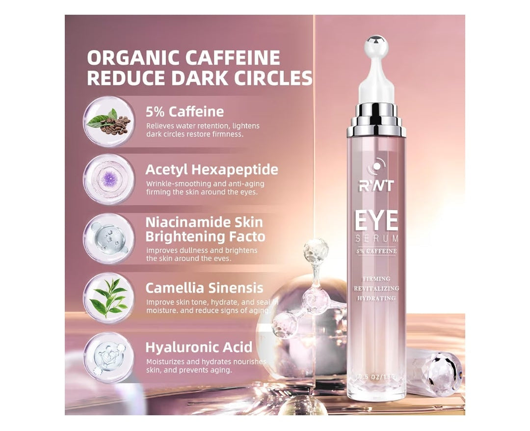 5% Caffeine Eye Cream & Under Eye Serum for Dark Circles and Puffiness, 360° Massage Roller Ball Eyes Treatment Seru