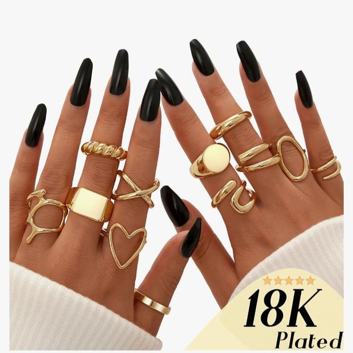 12PCS Gold plated Stackable Rings Set for Women, 18K Gold Plated Open Stacking Knuckle Ring, Adjustable Chunky Signet Rings for Gift