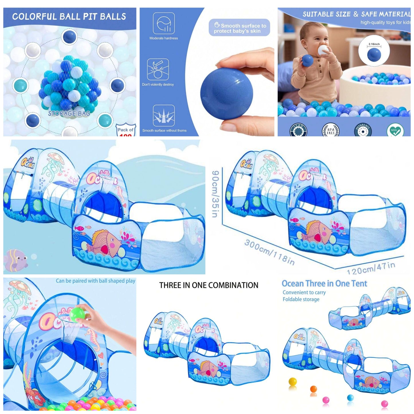 Children Ocean Pattern Three-Piece Set Ball Pit, Tunnel, Fence, Tent, Foldable Indoor Household Toy Basketball Pool, For Boys And Girls Balls included plastic polyester 3 and up. Phthalate Free Plastic Balls, Crush Proof 2.16"