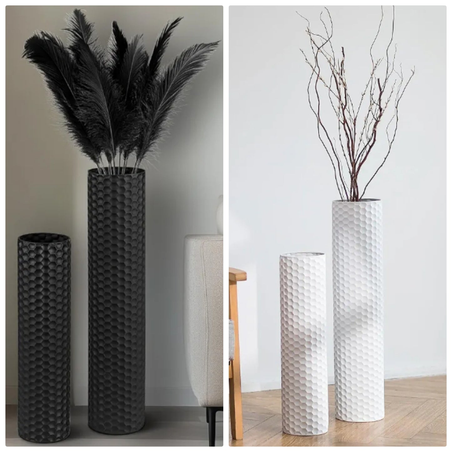 Tall Floor Vase: 27.6/21.7in Metal Cylinder Vases Extra Large Decorative Vase Set of 2 Living Room Modern Honeycomb Texture Big Standing Vase for Dining Bedroom Home Corner Indoor Office