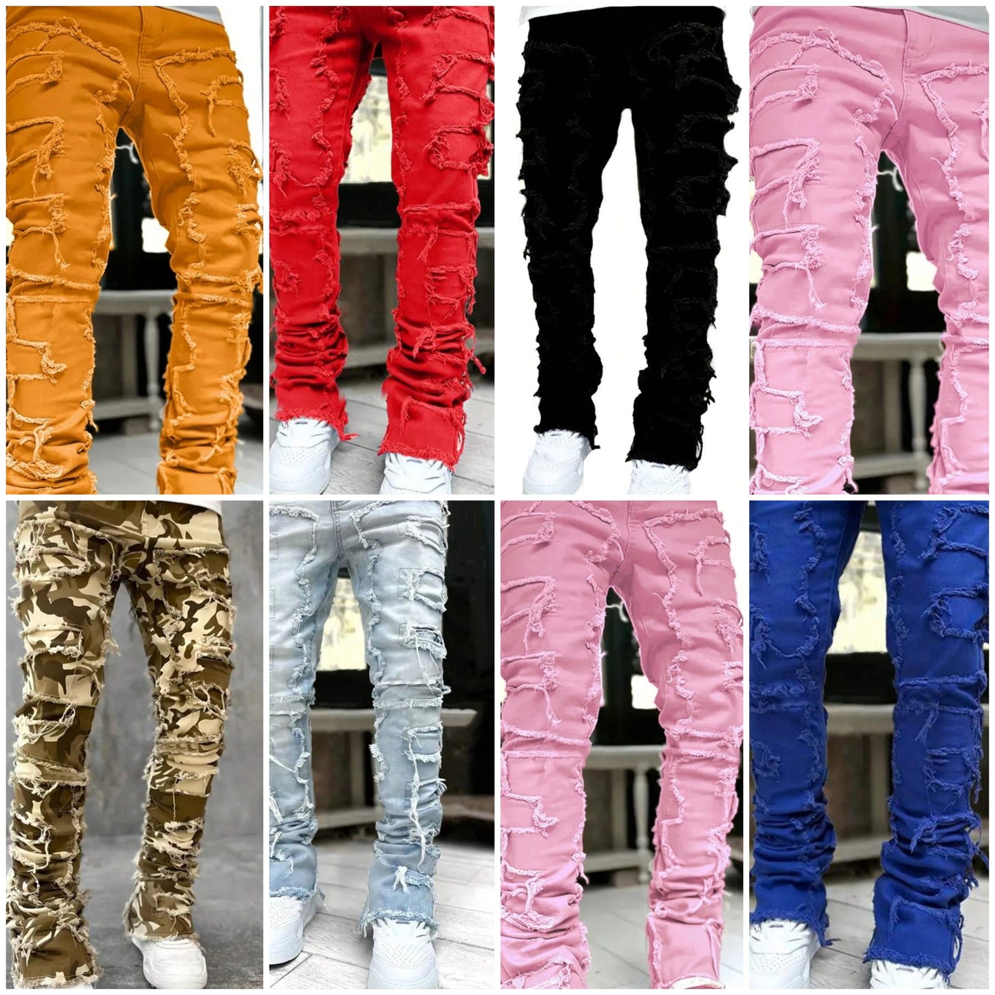 Mens Solid Raw Hem Skinny Jeans nice fit COCOMONEY