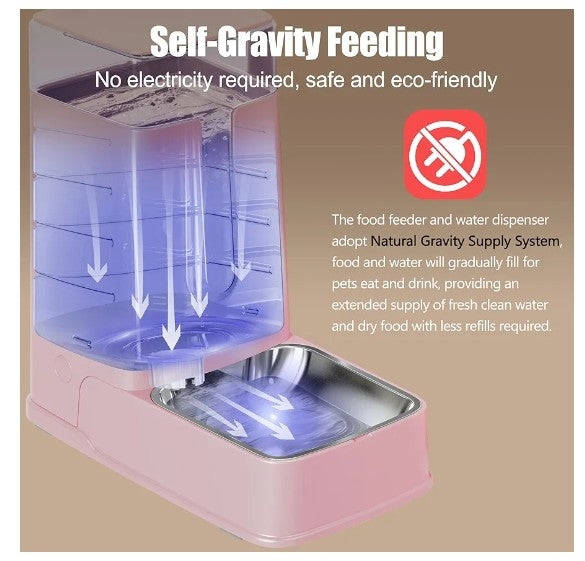 Automatic Pet Feeder and Pet Water Dispenser Set with Stainless Steel Bowls Gravity Dog Feeder for Small Medium Big Dog Pets Puppy Kitten, 1 Gallon x 2 (Pink)