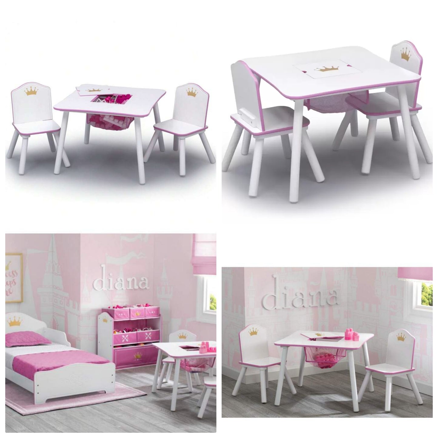 Children Princess Crown Toddler Table And Chair Set With Storage, Greenguard Gold, Wood, Pink