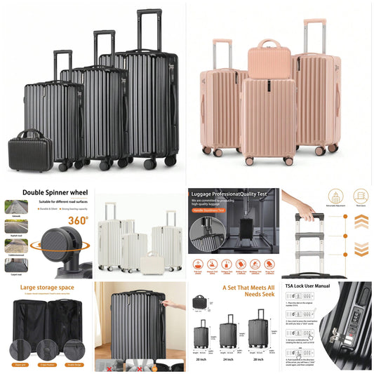 4-Piece Luggage Sets With 360 Spinner Wheels ABS+PC Hard Shell Luggage Suitcase Sets With TSA Lock Cosmetic Bag 14in 20in 24in 28in Travel Suitcase Suitcases Suit Case Durable Carry On Travel Luggage Carry On Suitcase Hand Luggage Waterproof