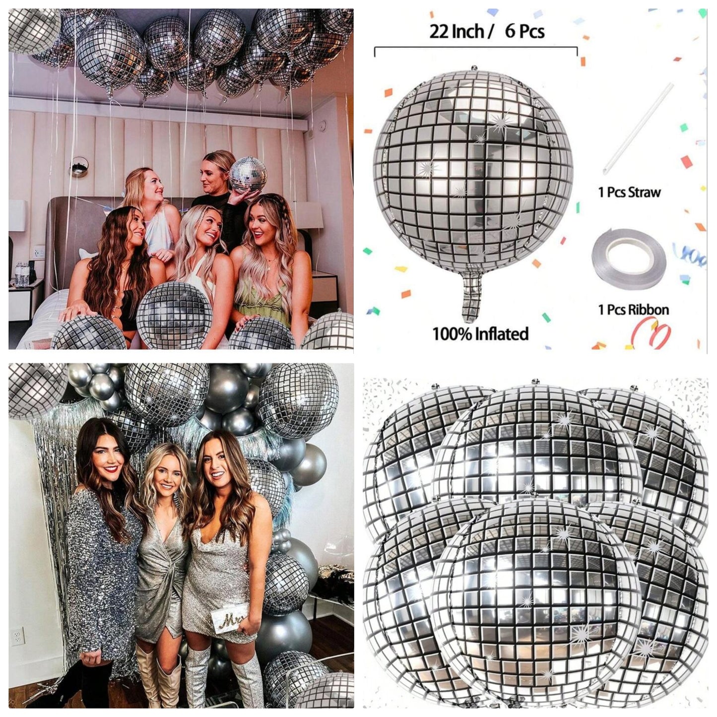6Pcs Silver Disco Ball Balloons Decorations 22 Inch 4D Sphere Disco Balloons For Disco Party Decorations 70s Party Decorations, Disco Decorations Mamma Mia Party Decorations, Back To School material pe