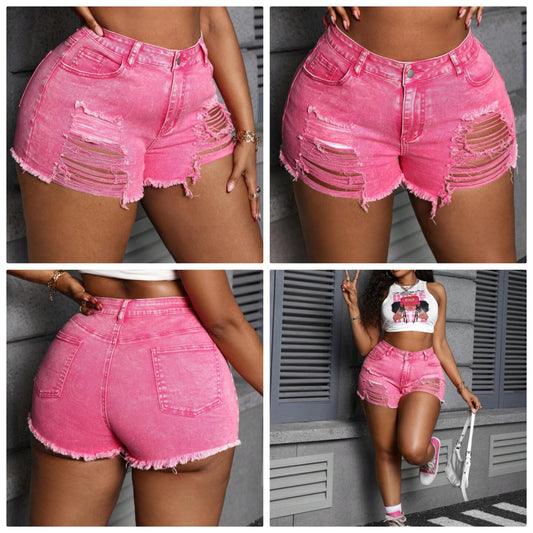 Plus Size Women's Denim Shorts Sexy Tight Elastic Ripped Pink Denim Shorts Women Shorts Short Jeans Women COCOMONEY