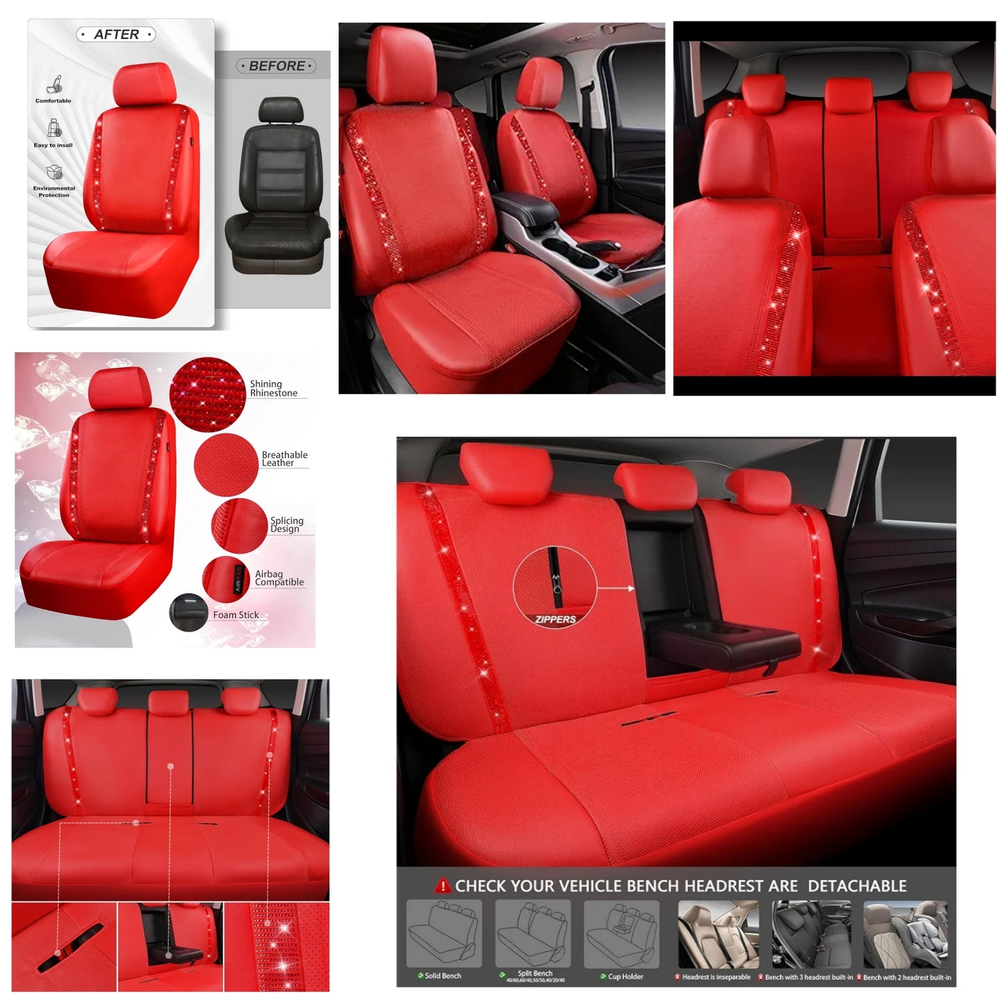 Bling Car Seat Covers Full Set, Shining Rhinestone Diamond Waterproof Faux Leather, Rear with Zipper, Universal Fit Automotive Glitter Crystal Sparkle Strips for Cute Women Girl