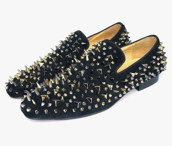 Men's Black Leather Loafers Slippers with Gold Spikes Dress Shoes Slip-On Flats Party Shoes