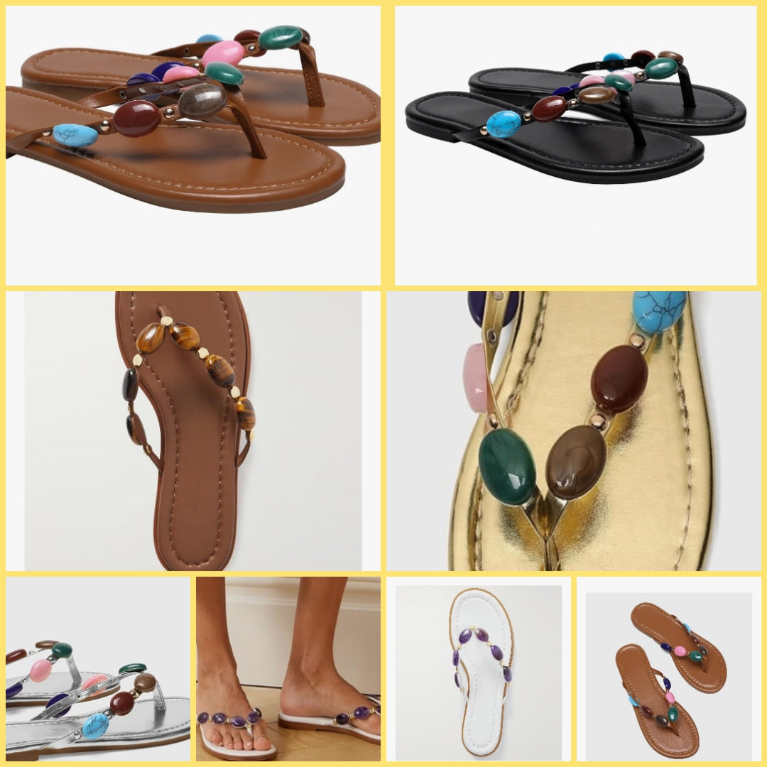 Jeweled Thong Strap Open Toe Flip Flops Comfy Slip on Flats Sandals Casual Summer Beach Slippers