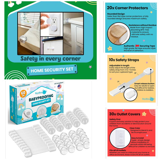 60 Pack) Child Safety Baby Proofing Kit | x10 Cabinet Drawer Locks, x20 Corner Guards, x30 Outlet Covers | Baby Proof Your Home & Kitchen with No Trapped Fingers | No Tools Needed