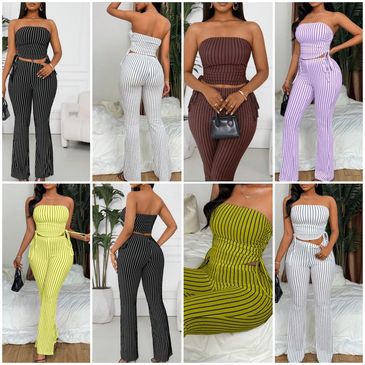 Striped Bandeau Top And Pants 2 Piece Set, Minimalistic Fashion Suitable For Summer COCOMONEY